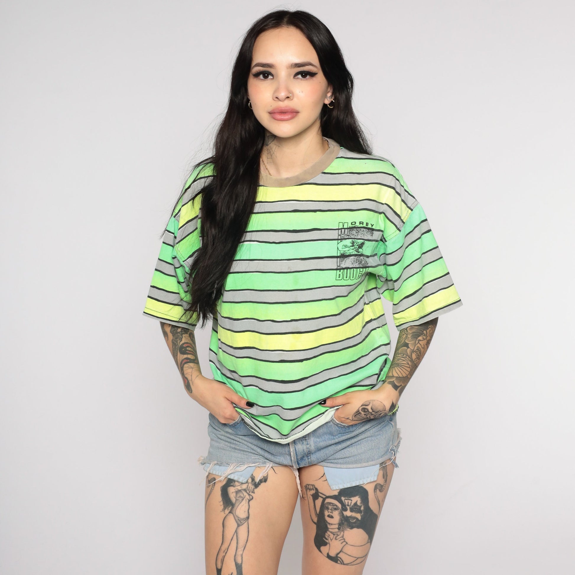 90s Morey Boogie Neon Surfer Graphic T-Shirt Green Striped Small