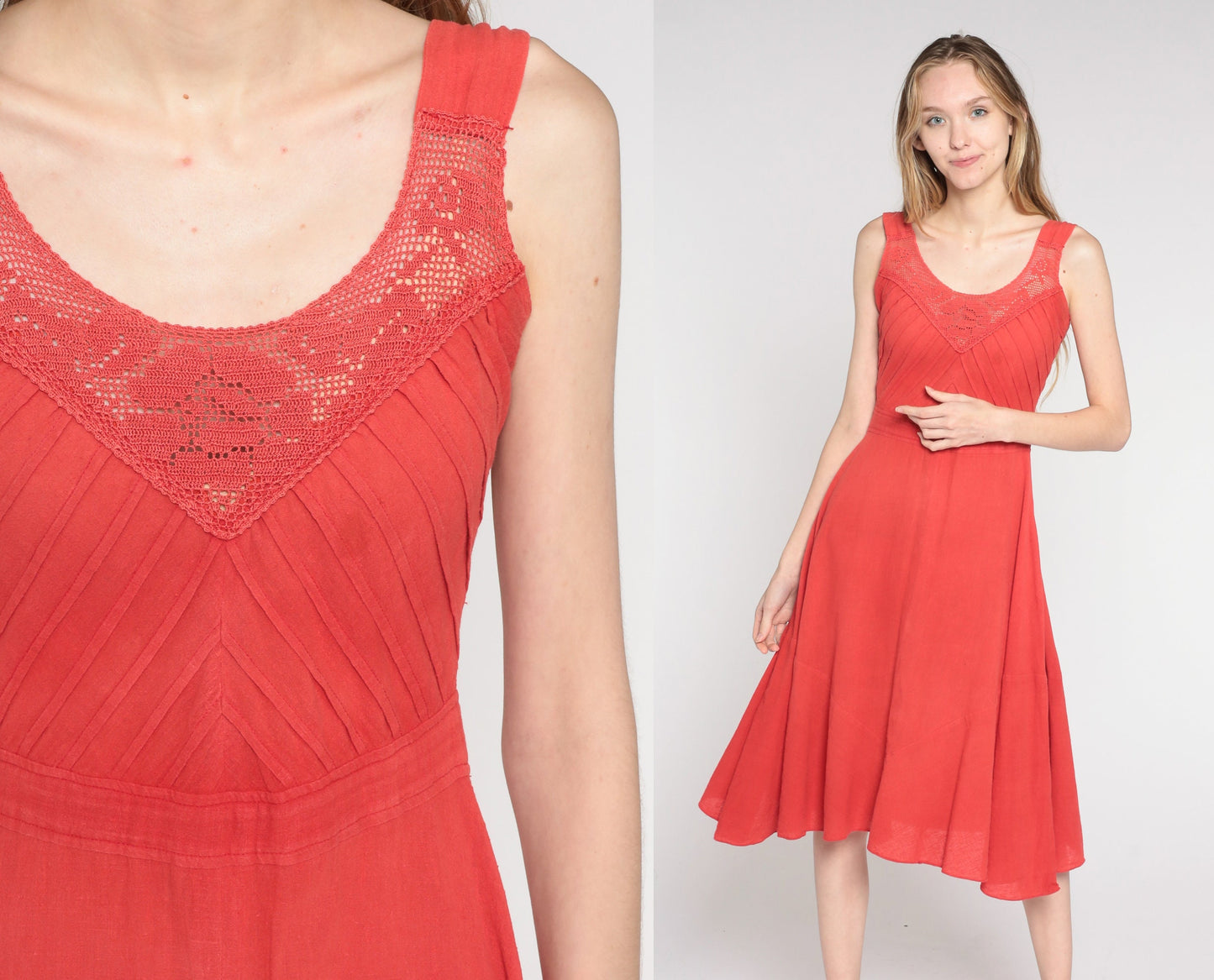 1970s Red Midi Sundress Crochet Trim High Waist Pintuck Cotton Small