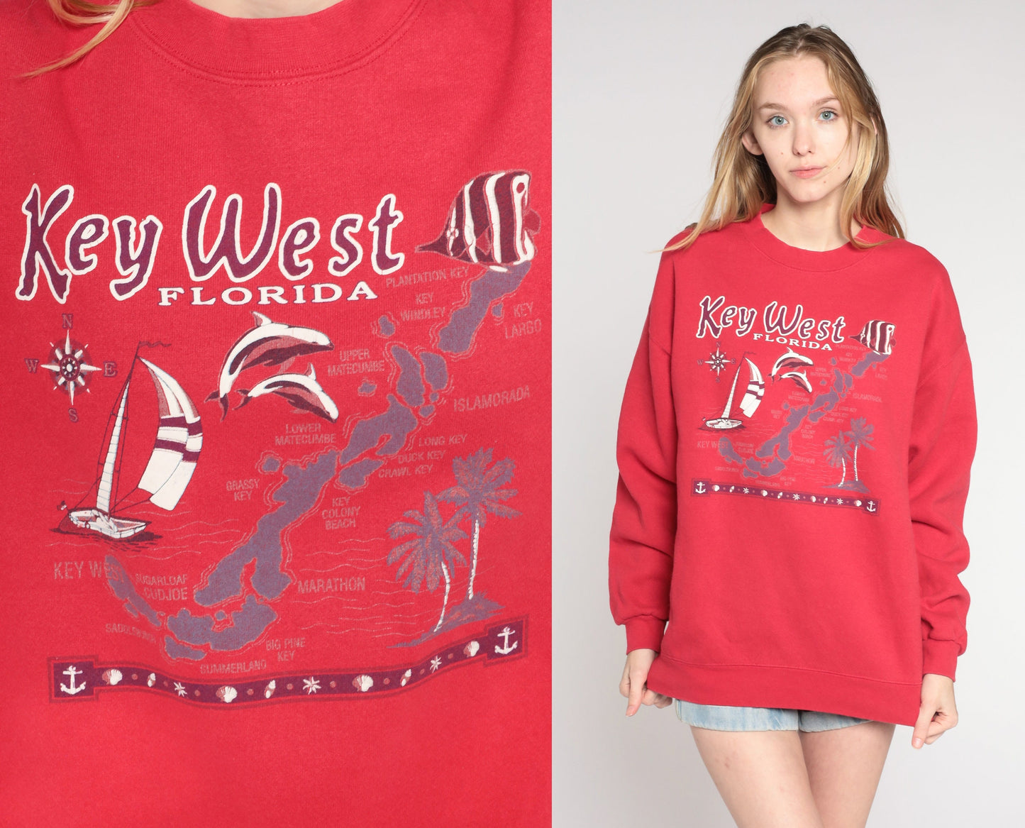 90s Lee Key West Florida Sweatshirt Red Graphic Crewneck Pullover Large L