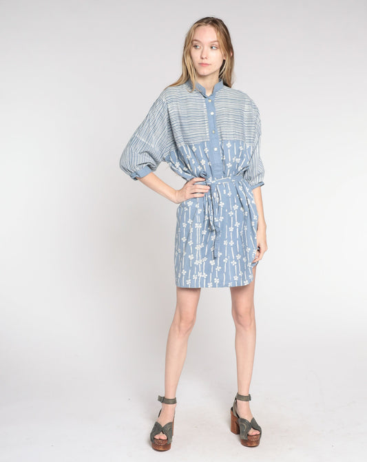 80s Striped Floral Shirtdress Blue Button-Up Mini Cotton Extra Large