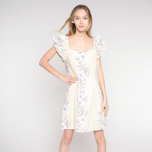 80s Floral Print Mini Dress White Ruffled Shift Short Sleeve Medium