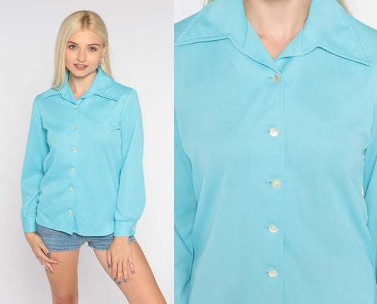 70s Blue Dagger Collar Button-Up Blouse Long Sleeve Small S