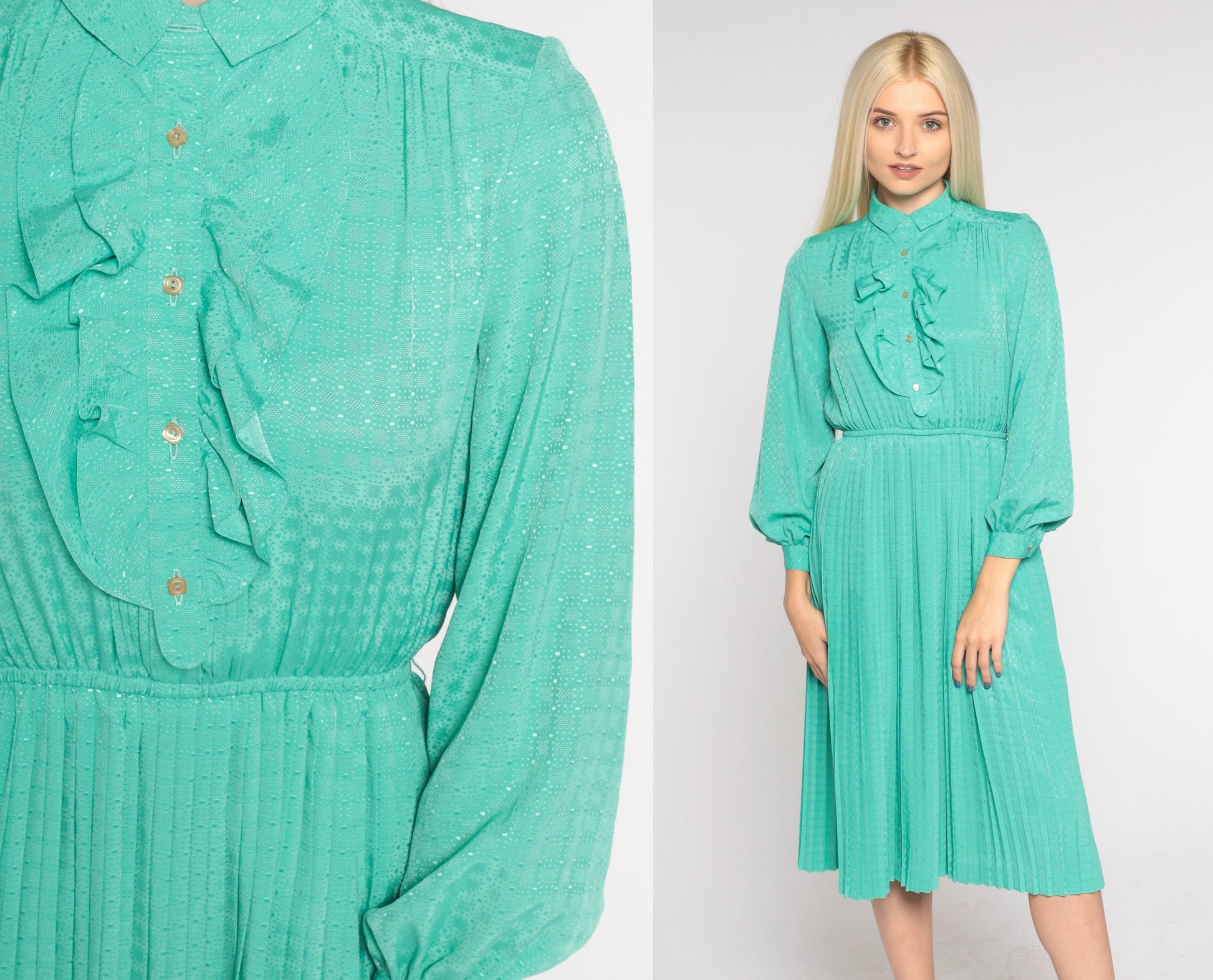 80s Seafoam Green Midi Dress High Waist Pleated Tuxedo Ruffle Small