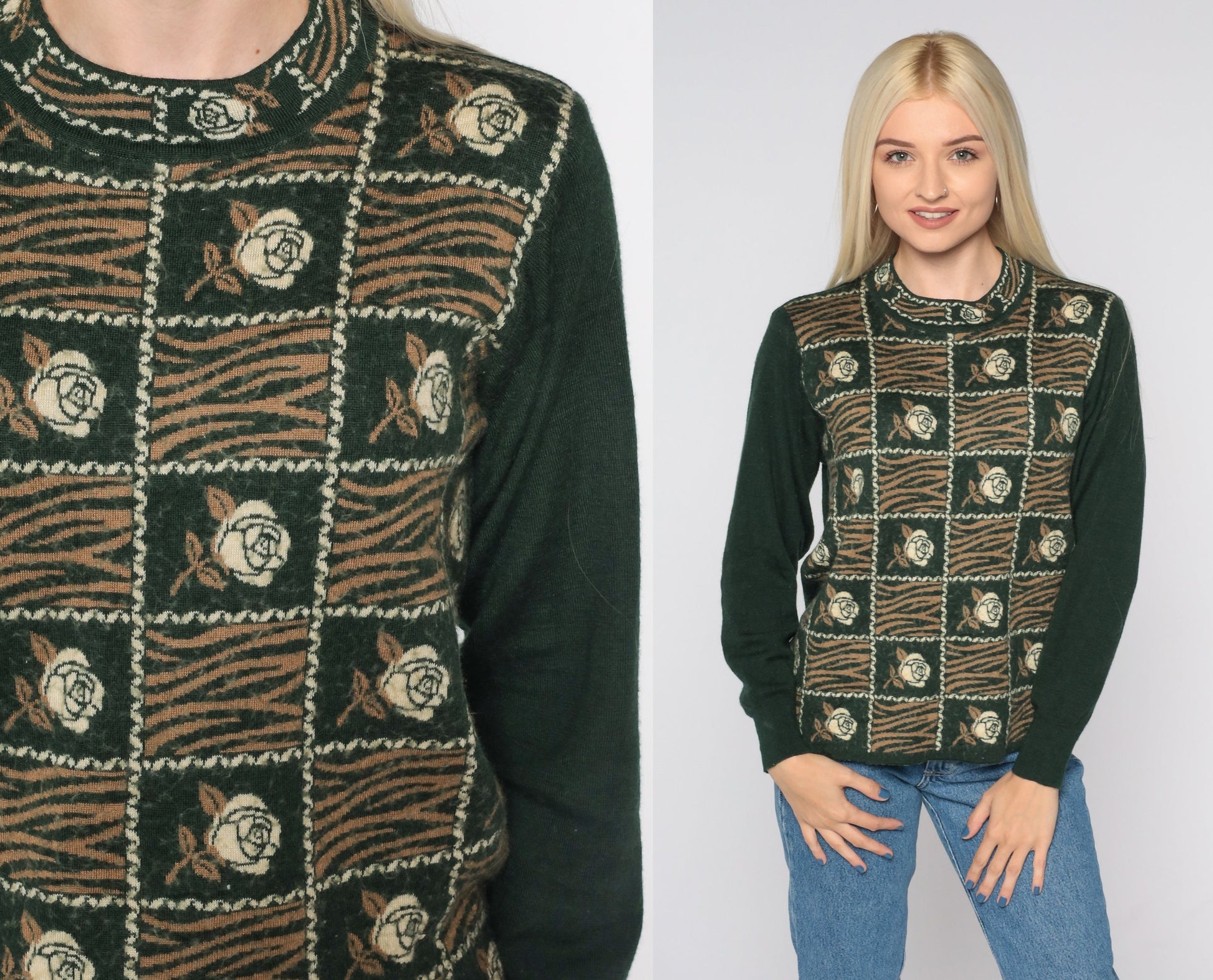 80s Dark Green Floral Striped Angora Blend Sweater Crewneck Small