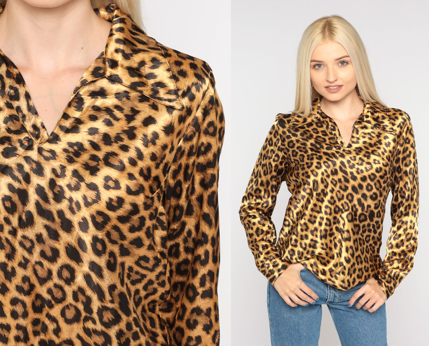 90s Leopard Print Blouse Pointed Collar Long Sleeve Small