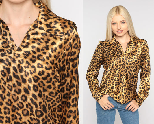 90s Leopard Print Blouse Pointed Collar Long Sleeve Small