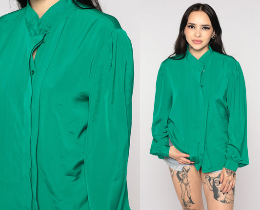 80s Green Pleated Blouse Puff Sleeve Collared Button-Up Medium