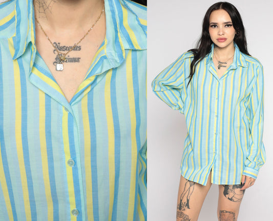 80s Blue & Yellow Striped Button-Up Blouse Notched Collar Long Sleeve Medium