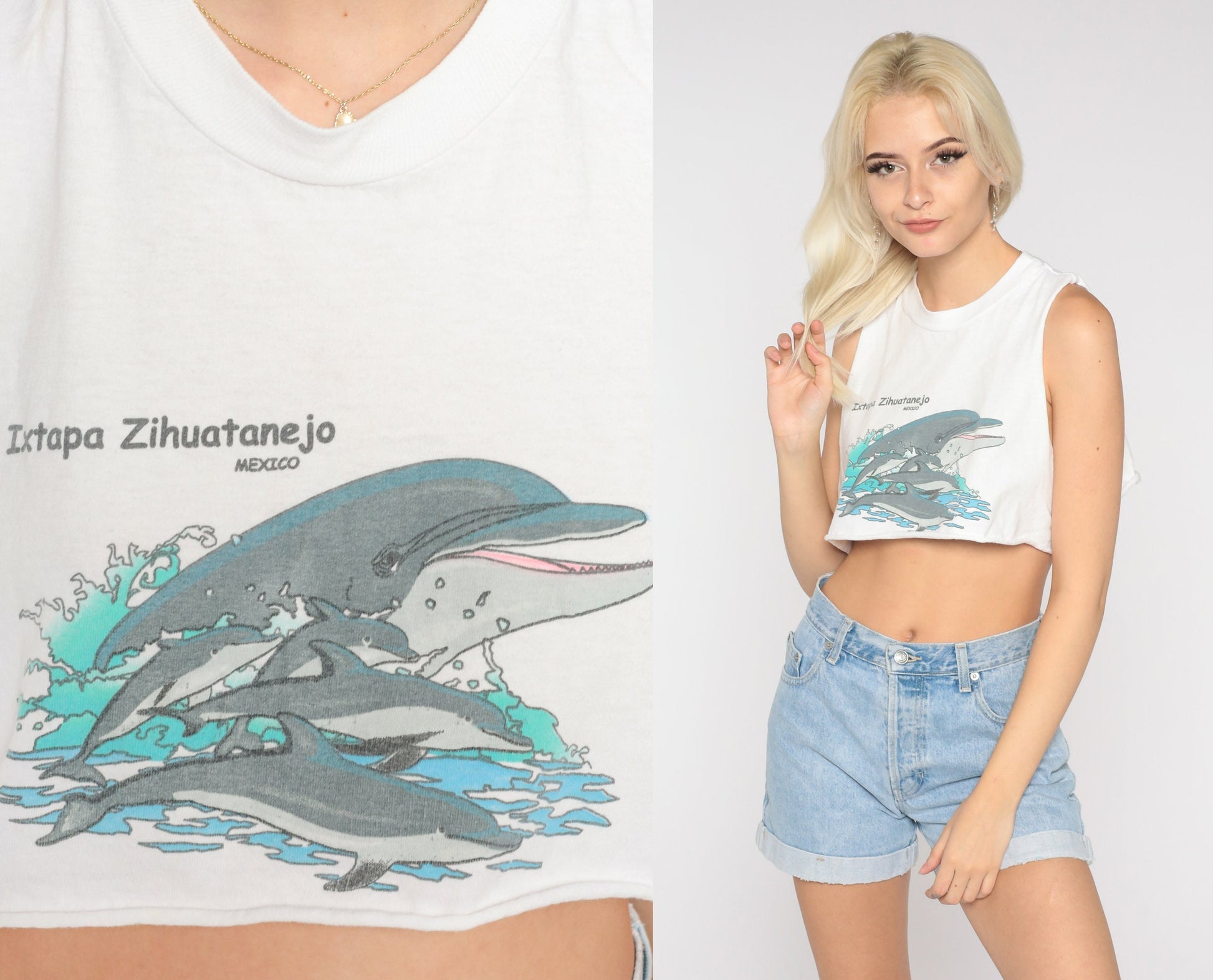 Y2K Ixtapa Zihuatanejo Dolphin Crop Tank Top White Graphic Tee Small