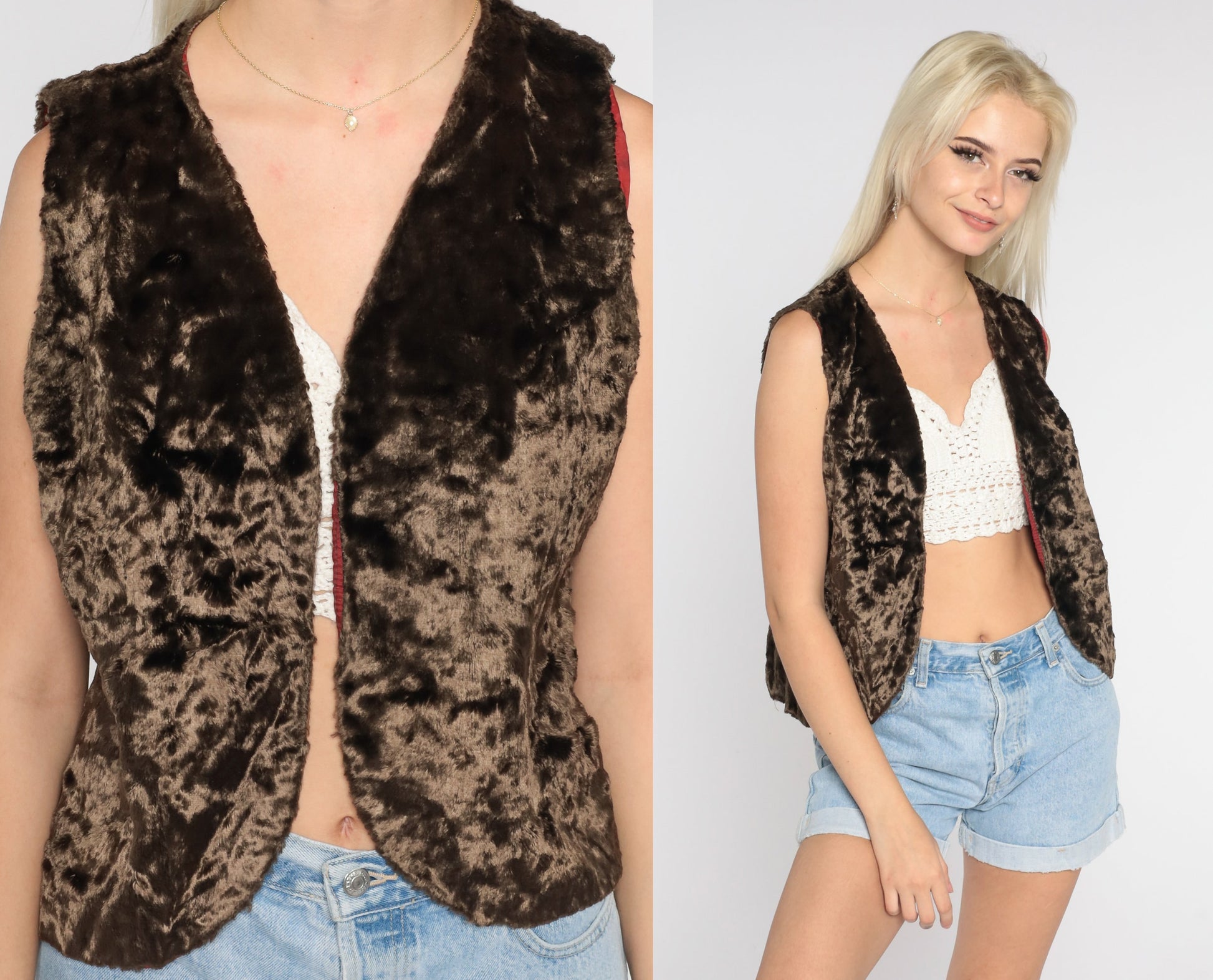 70s Brown Faux Fur Vest Open Front Sleeveless Jacket Small