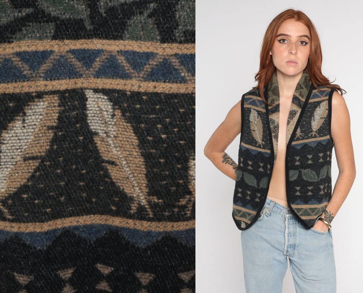 90s Tapestry Vest Leaf Feather Print Open Front Sleeveless Small