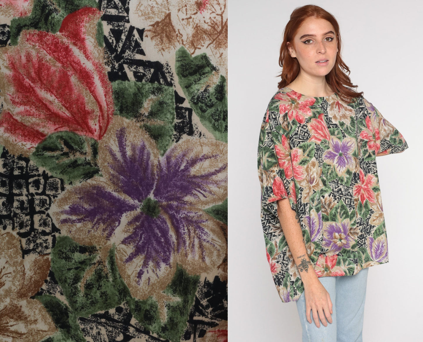 90s Hawaiian Floral Geometric Print Blouse Short Sleeve Plus Size XXL