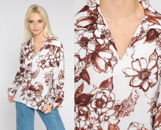 70s Floral Dagger Collar Blouse White Brown Flower Print V-Neck Medium