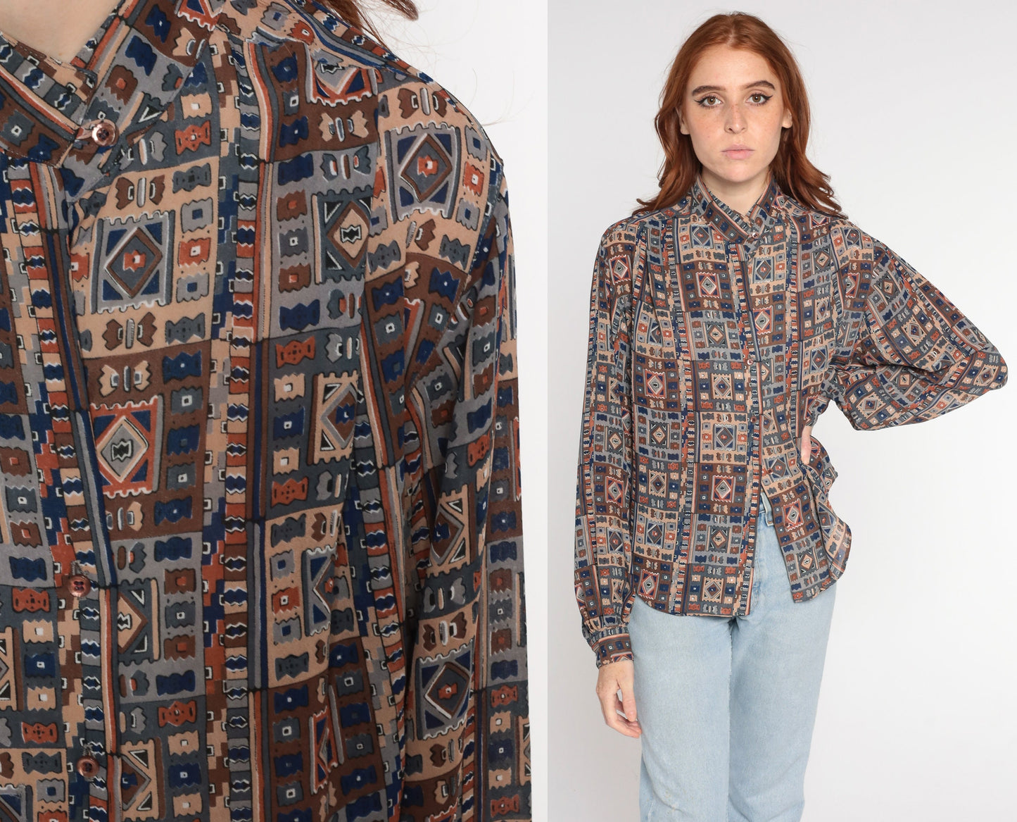 80s Geometric Print Button Up Blouse Mandarin Collar Balloon Sleeve Medium