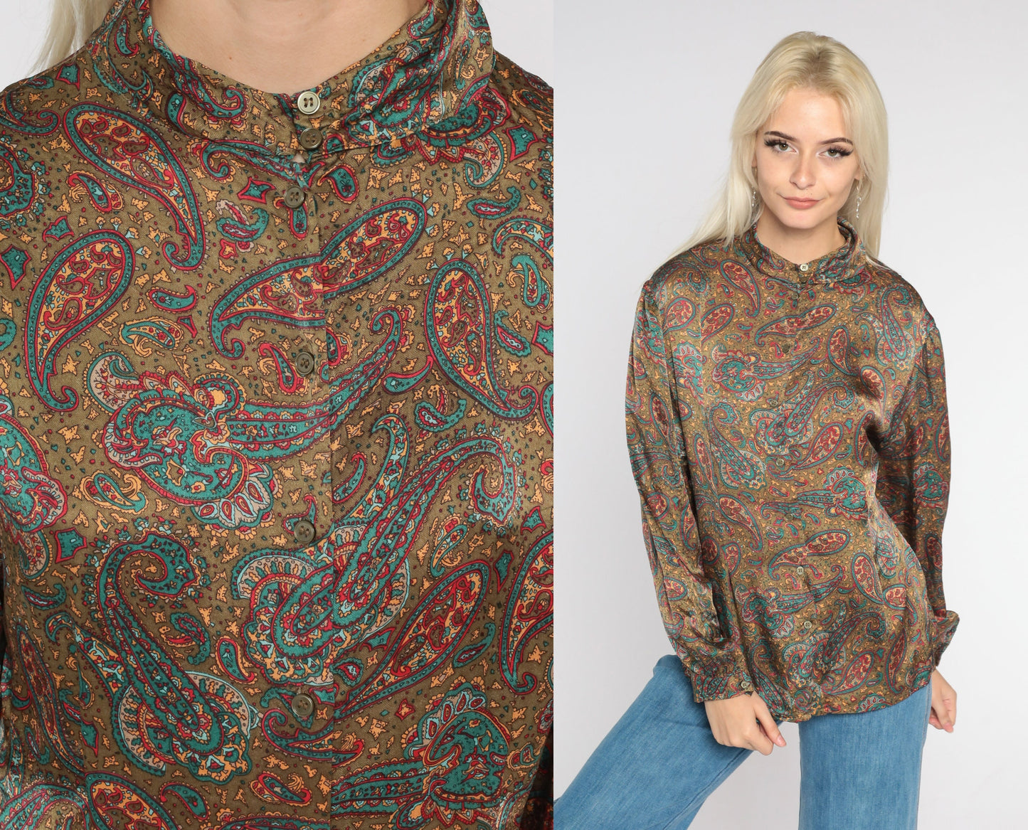 80s Paisley Silk Blouse High Neck Button Up Long Sleeve Large L