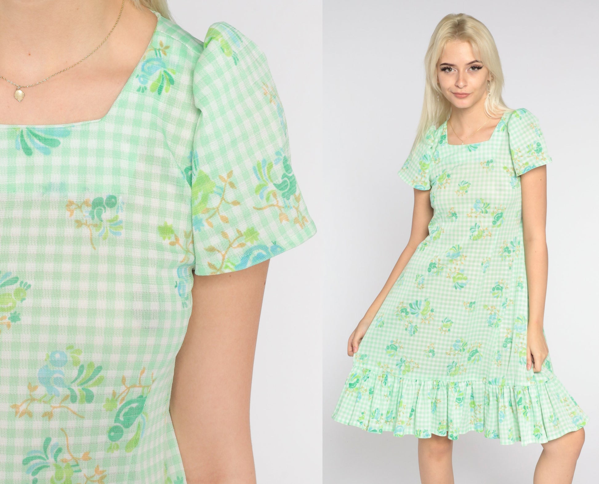 70s Green White Gingham Bird Floral Mini Dress Puff Sleeve Shift Small