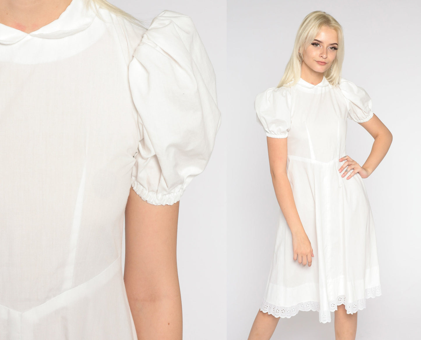 70s White Peasant Dress Puff Sleeve Eyelet Basque Waist Knee Length Extra Small