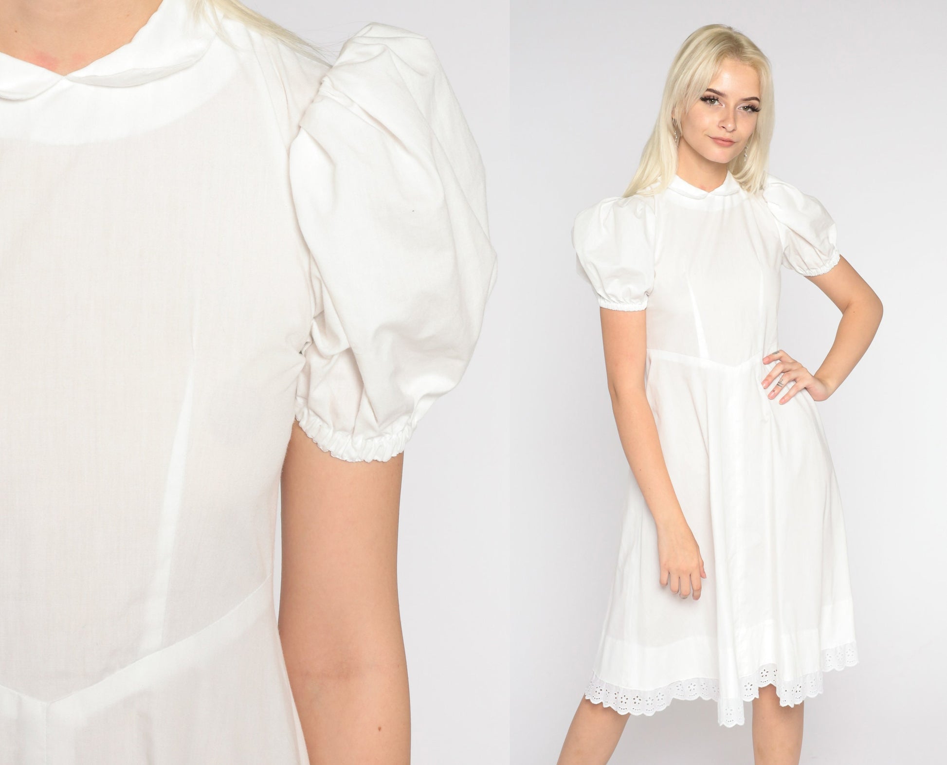 70s White Peasant Dress Puff Sleeve Eyelet Basque Waist Knee Length Extra Small