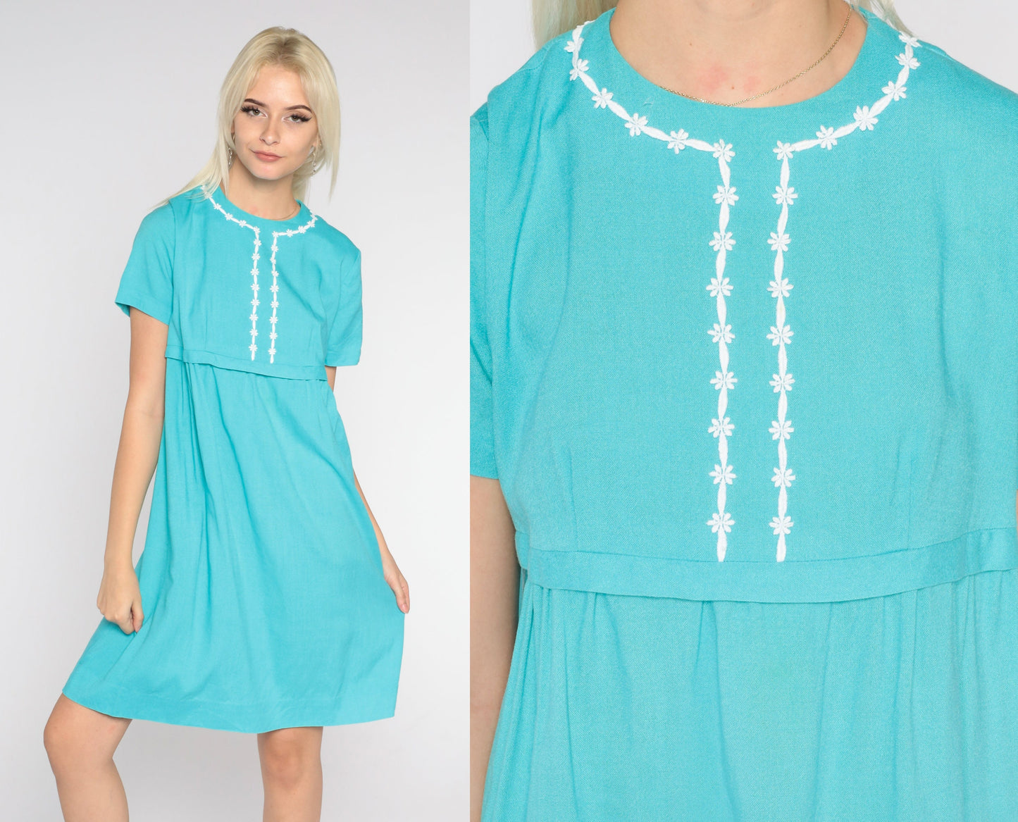 60s Bright Blue Mini Shift Dress Floral Trim Empire Waist Small