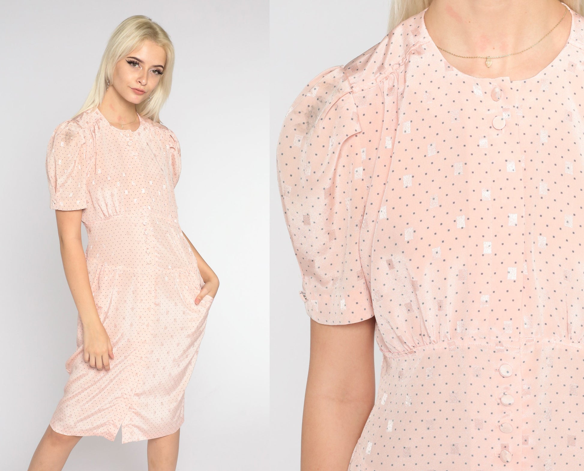 80s Blush Pink Button-Up Sheath Dress Puff Sleeve High Waist Knee Length Medium M