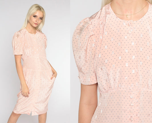 80s Blush Pink Button-Up Sheath Dress Puff Sleeve High Waist Knee Length Medium M