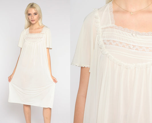 90s Cream Nightgown Knee-Length Lace Bib Short Sleeve Medium