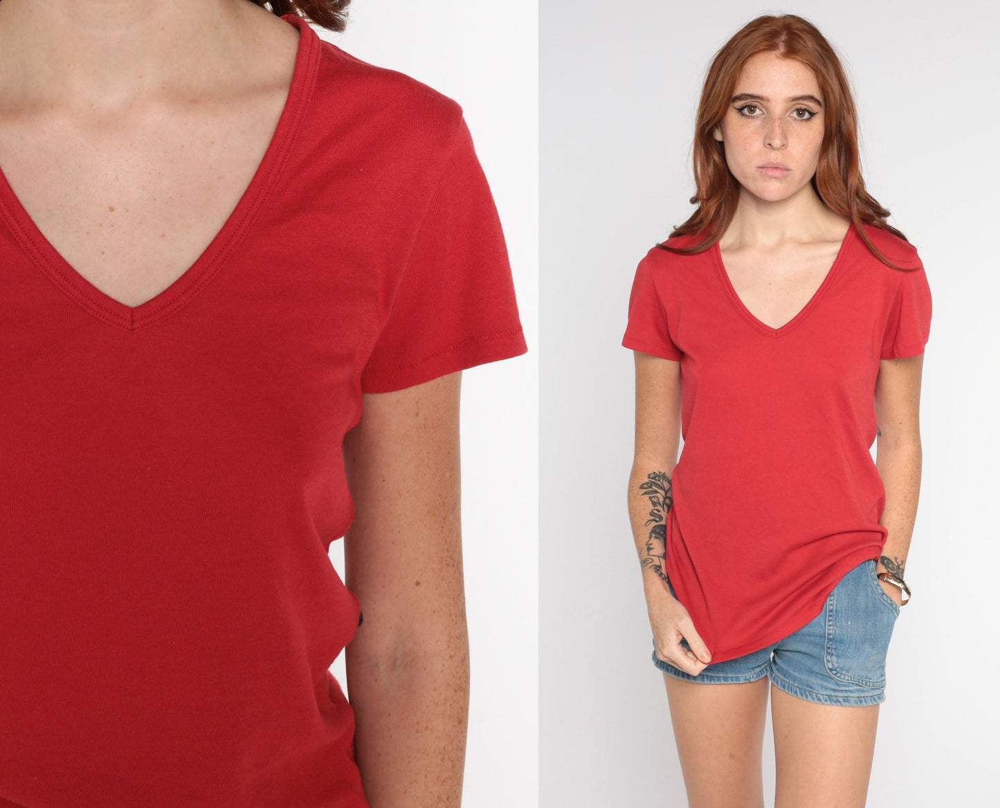 80s Red V-Neck T-Shirt Single Stitch Cotton Tee Medium M