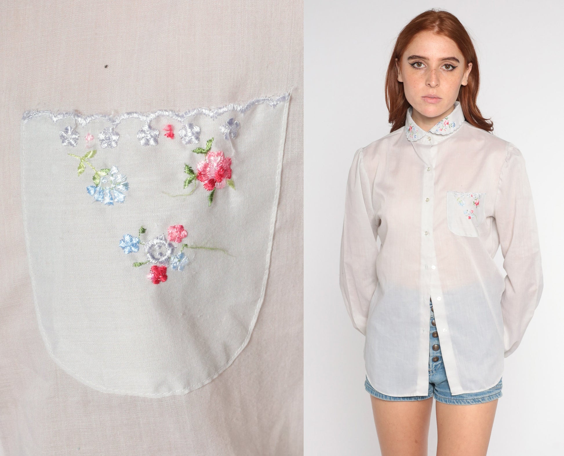 80s White Sheer Blouse Floral Embroidered Puff Sleeve Peter Pan Collar Small