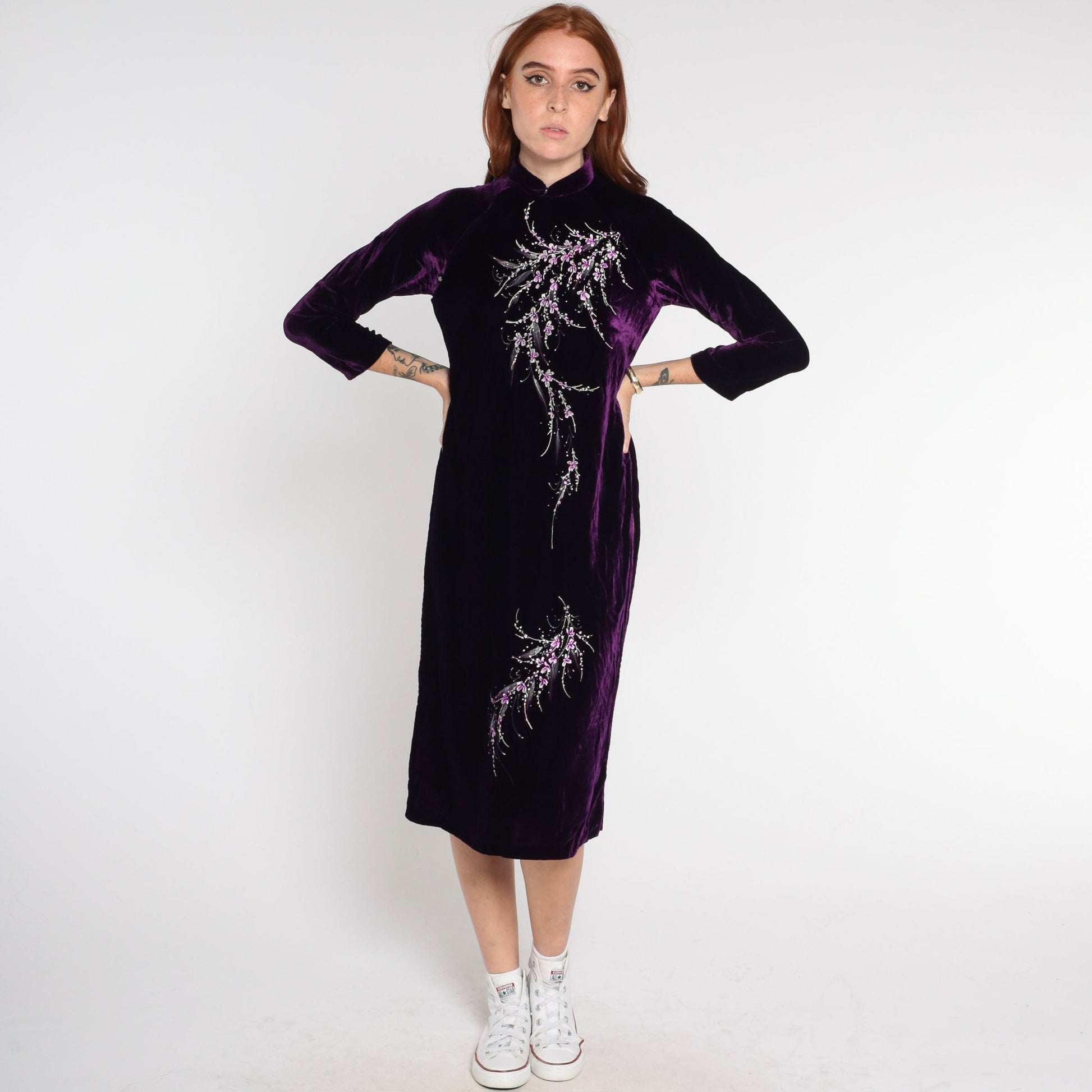 90s Dark Purple Velvet Ao Dai Midi Dress Cherry Blossom Print High Slit Extra Small