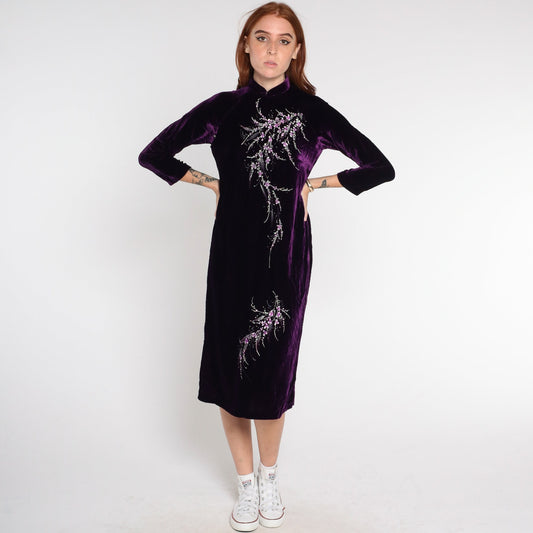 90s Dark Purple Velvet Ao Dai Midi Dress Cherry Blossom Print High Slit Extra Small