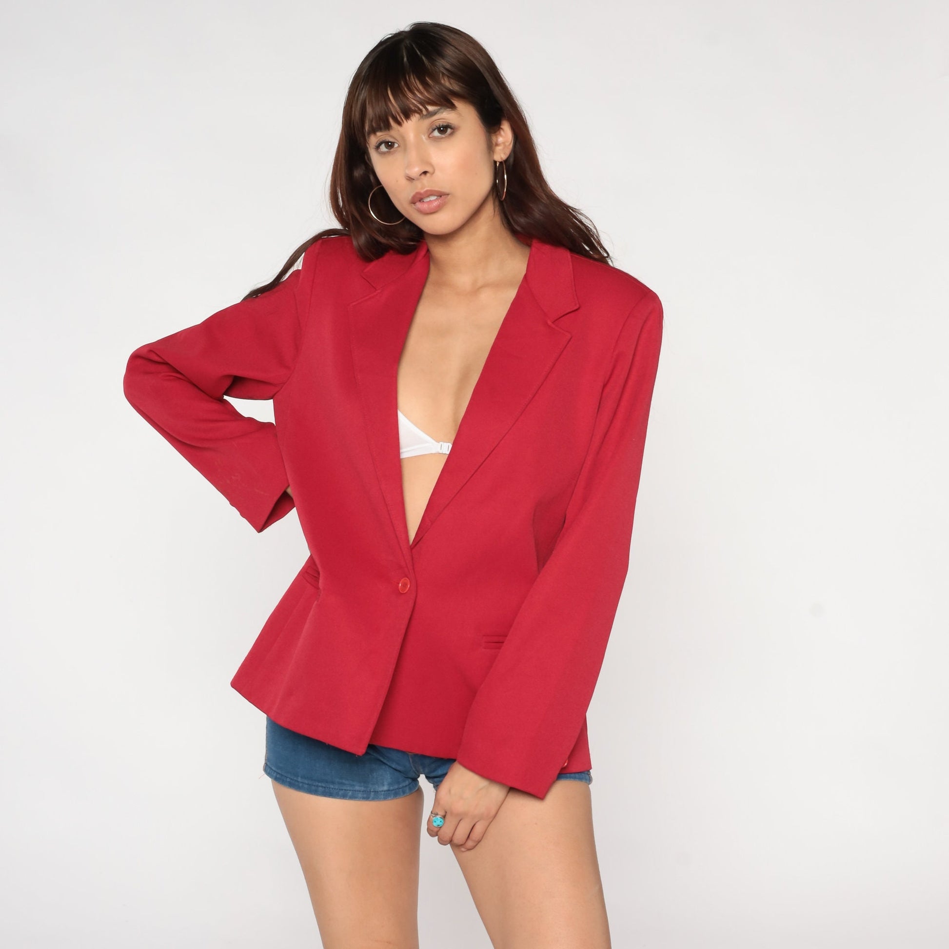 80s Red Blazer Jacket Button-Up Solid Formal Office Wear Medium M