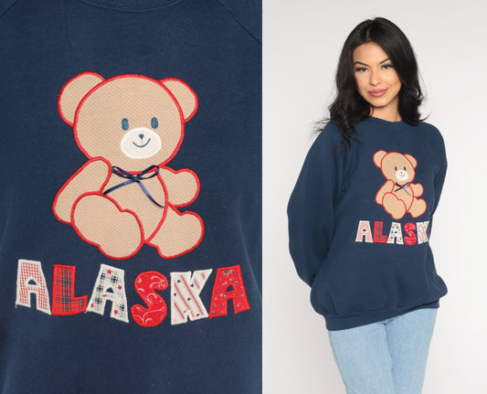 90s Alaska Patchwork Teddy Bear Sweatshirt Navy Raglan Extra Large XXL
