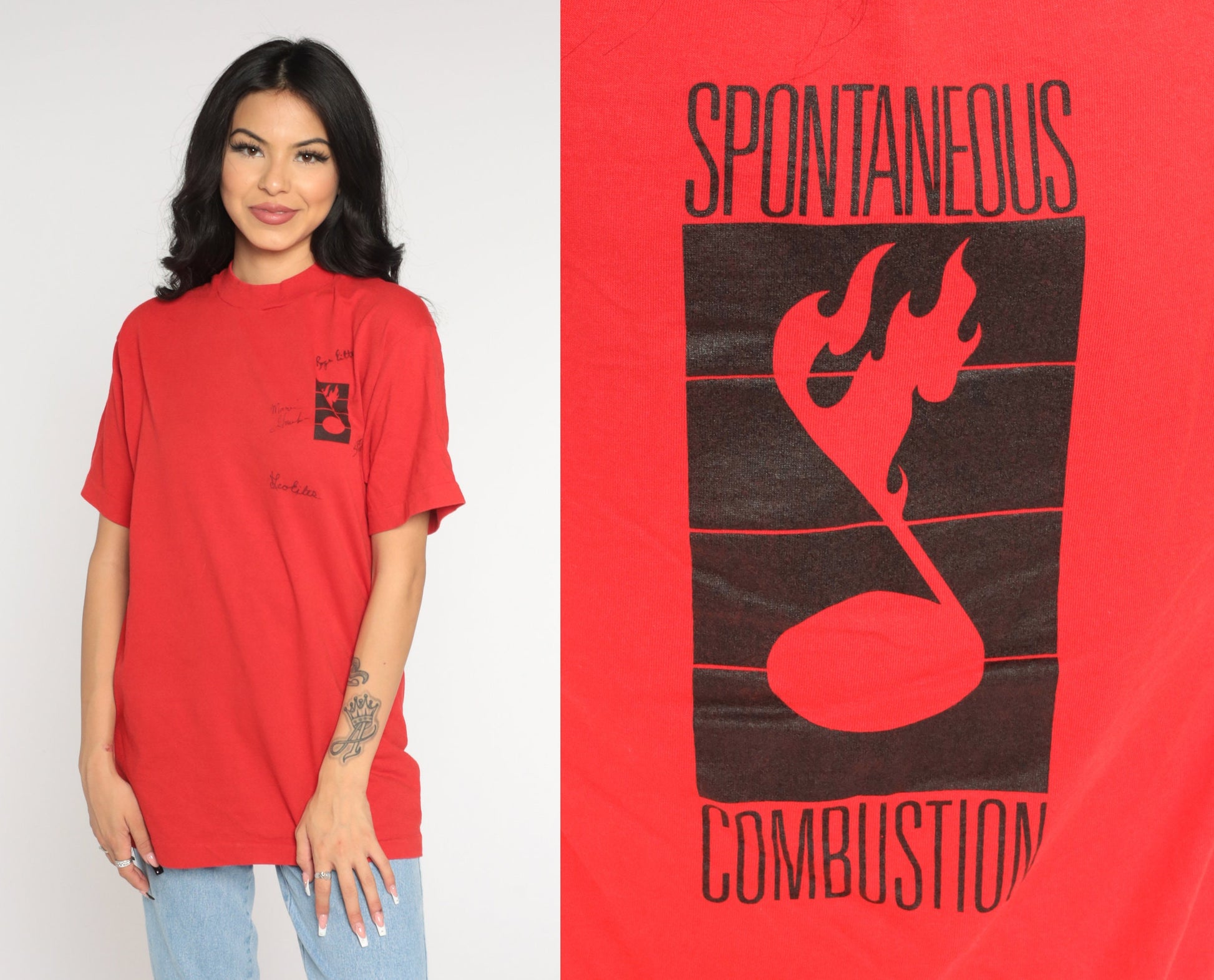 90s Spontaneous Combustion Band Tee Autographed Red Graphic T-Shirt Medium