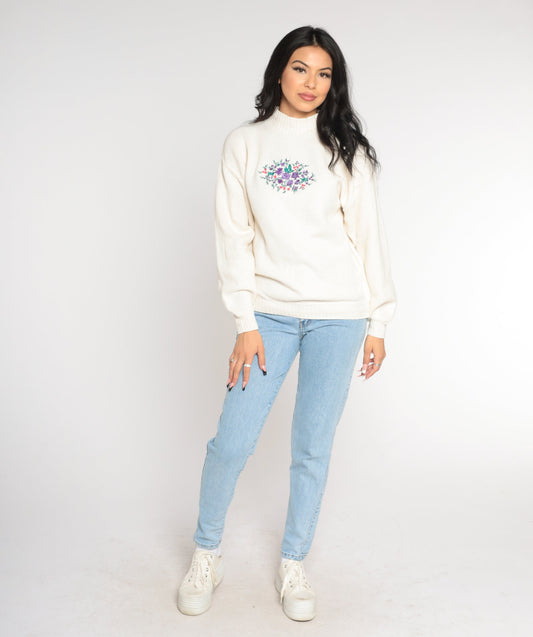 90s Isle of Cotton White Floral Embroidered Mockneck Sweater Large L