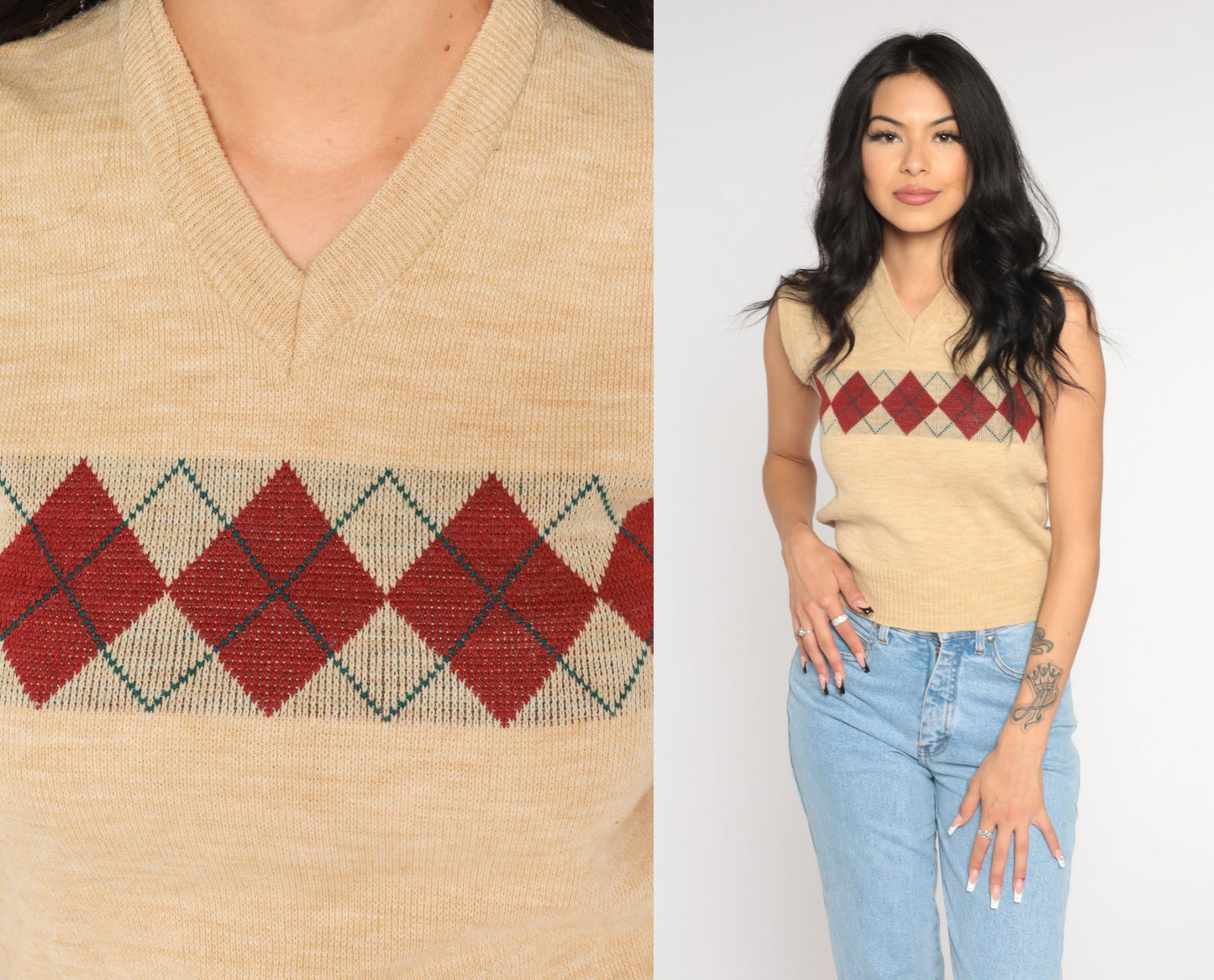 70s Argyle Sweater Vest Tan Red Diamond Knit V-Neck Pullover Extra Small