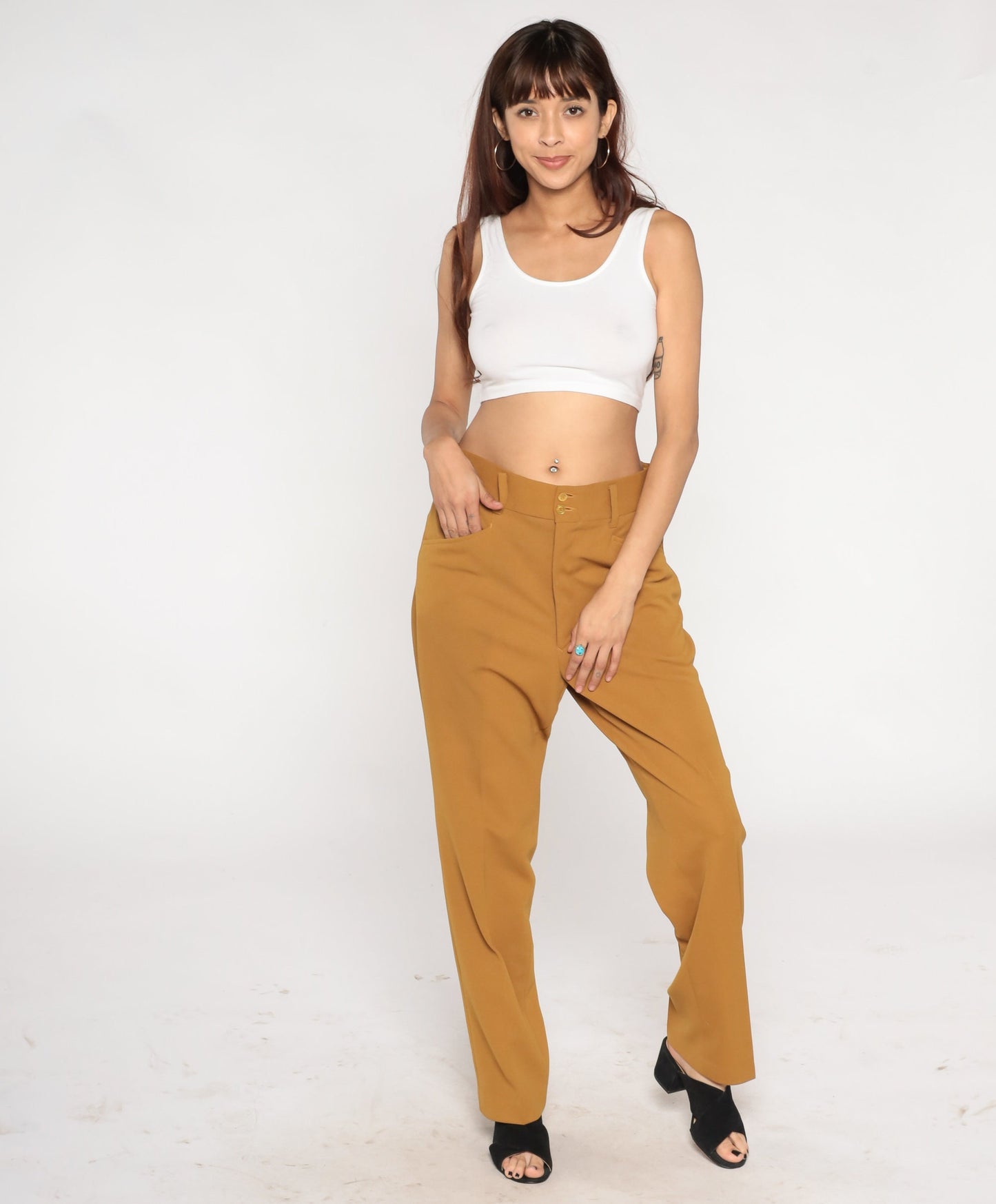 70s Brown Straight Leg Trousers High Rise Menswear Slacks Large 34
