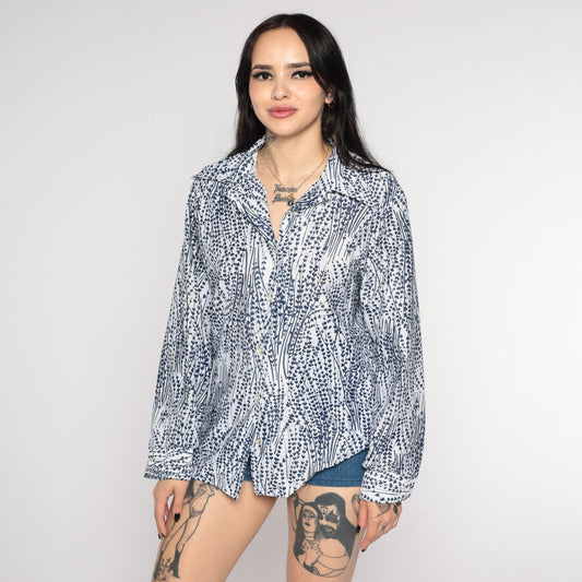 70s Floral Button Up Blouse Blue White Flower Print Long Sleeve Medium