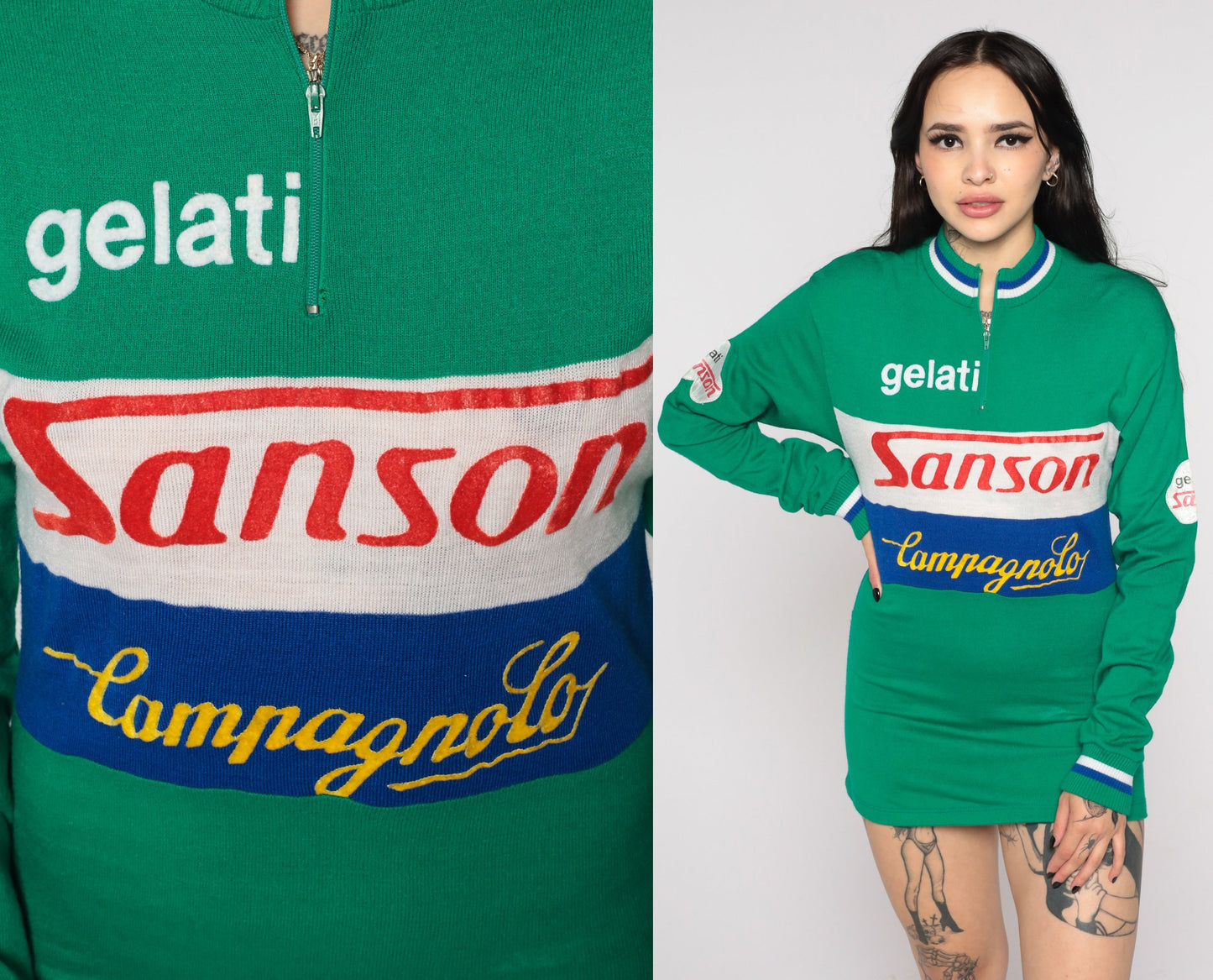 80s Campagnolo Sanson Gelati Cycling Jersey Green Striped Zip Neck Small