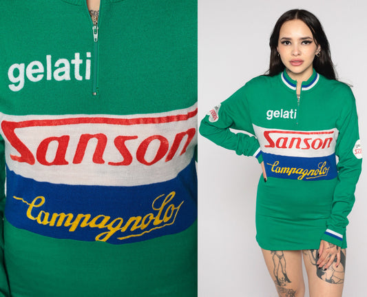 80s Campagnolo Sanson Gelati Cycling Jersey Green Striped Zip Neck Small