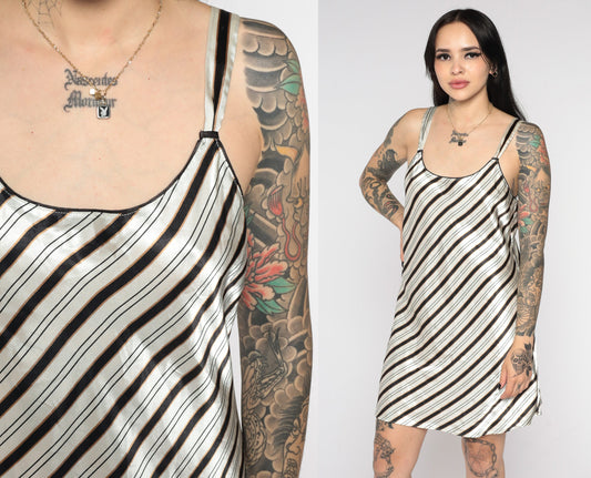 90s Striped Satin Slip Dress Grey Black Spaghetti Strap Chemise Medium