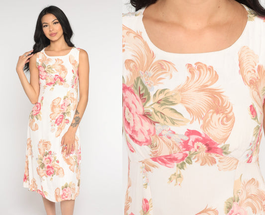 90s White Floral Midi Sundress Empire Waist Cutout Back Small