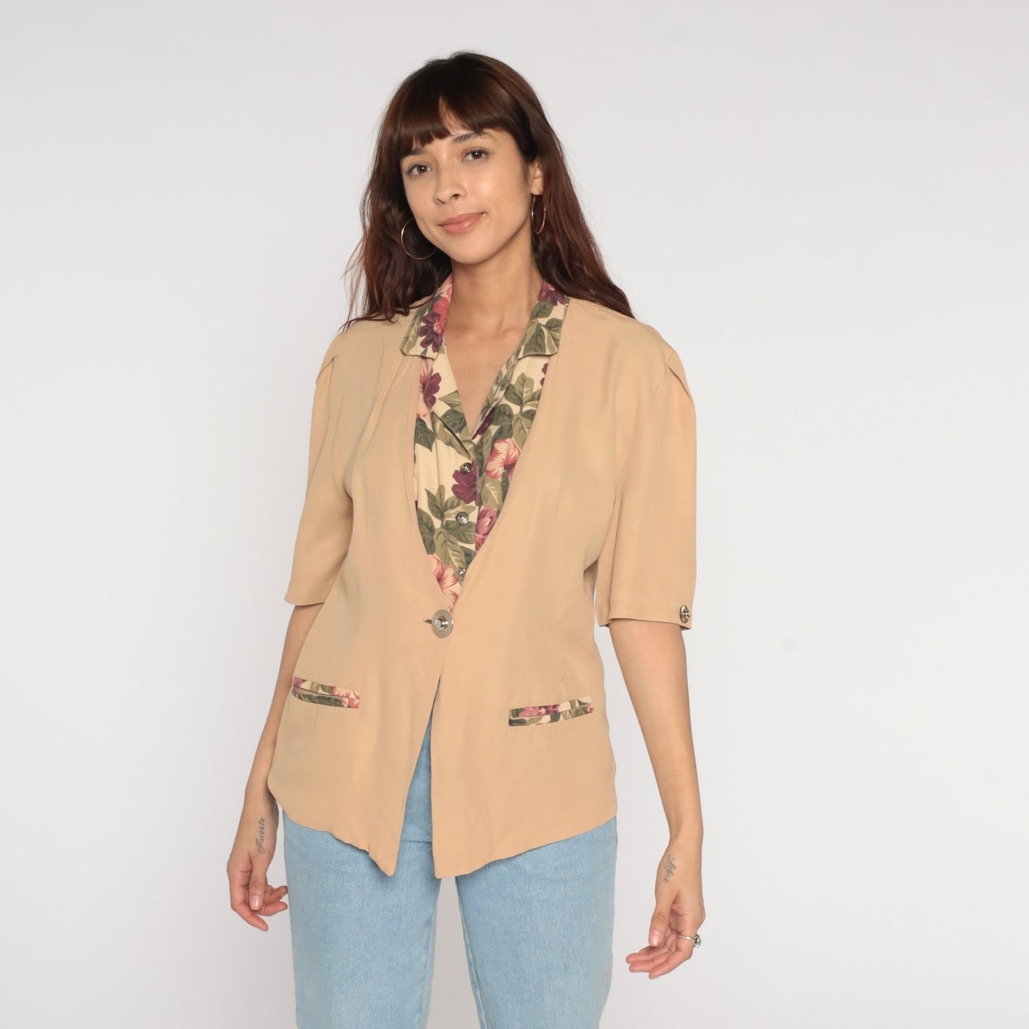 90s Tan Floral Button-Up Blouse Short Sleeve V-Neck Trim Large L