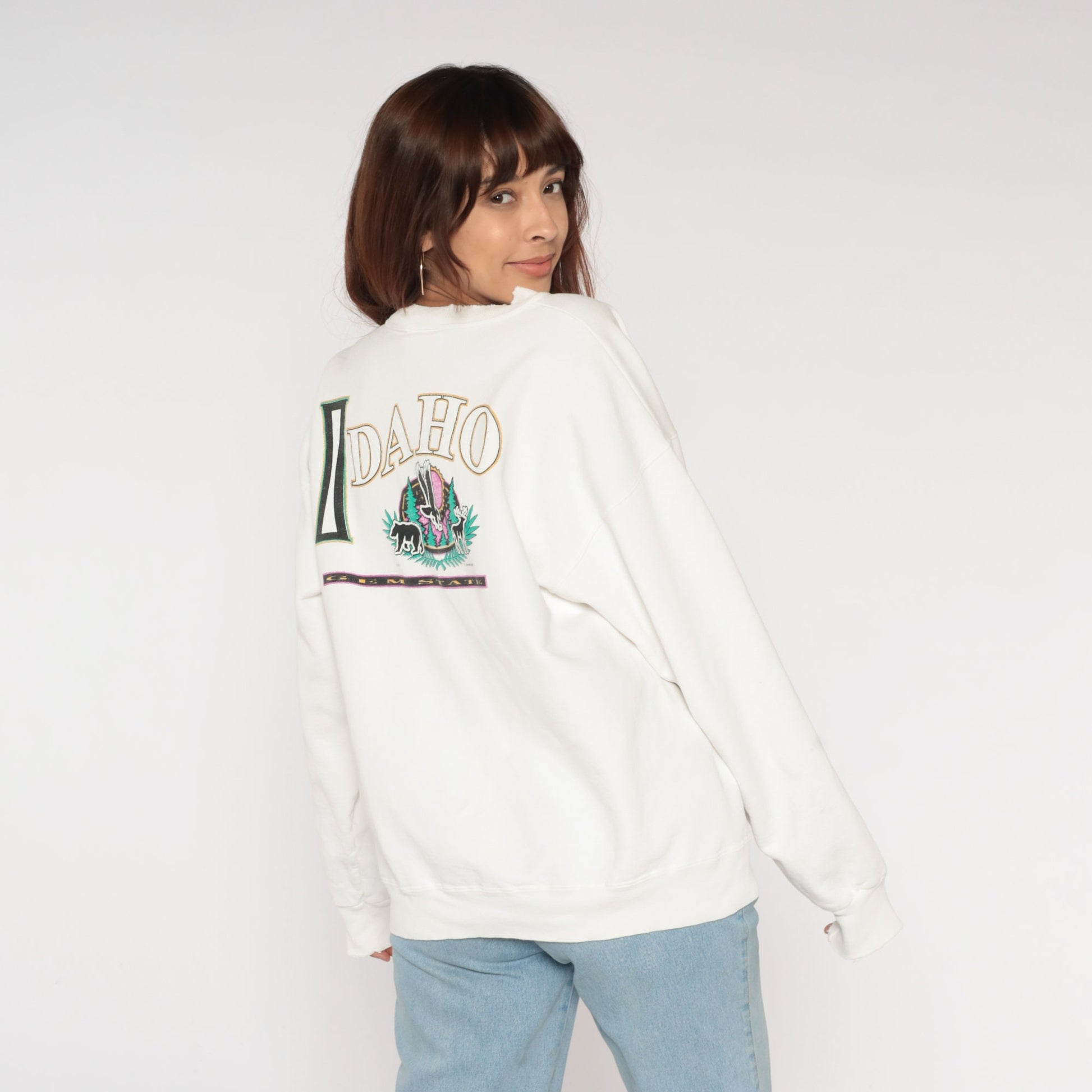 90s Idaho Gem State Wildlife Graphic Sweatshirt White Crewneck Large