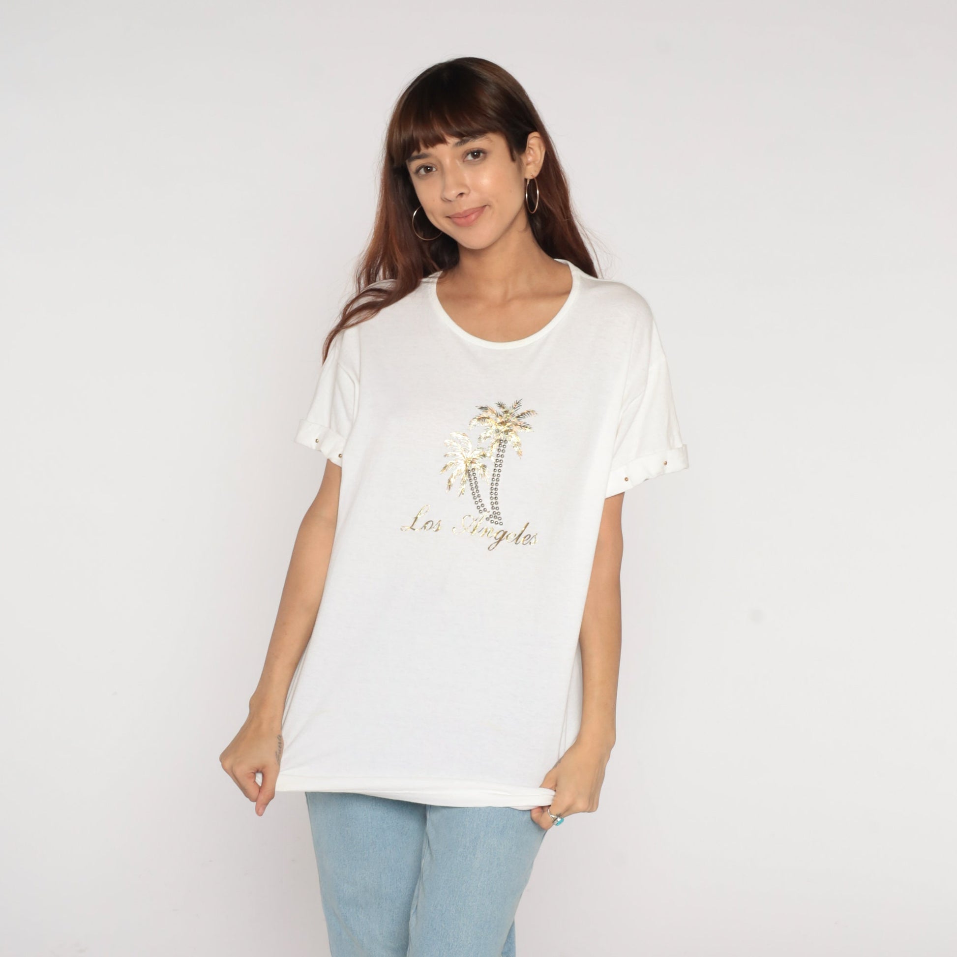 Y2K Los Angeles Palm Tree Graphic T-Shirt Gold Studded White Large L