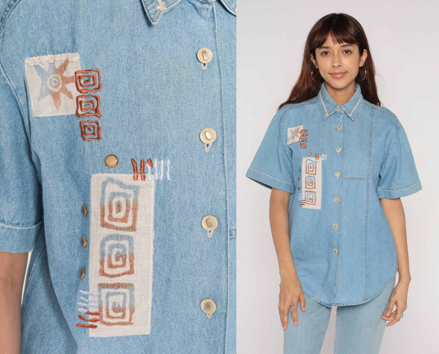 90s Blue Denim Shirt Studded Geometric Swirl Print Button-Up Medium