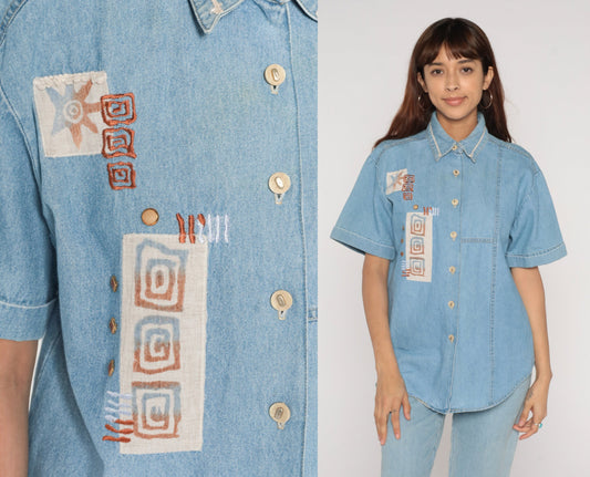 90s Blue Denim Shirt Studded Geometric Swirl Print Button-Up Medium