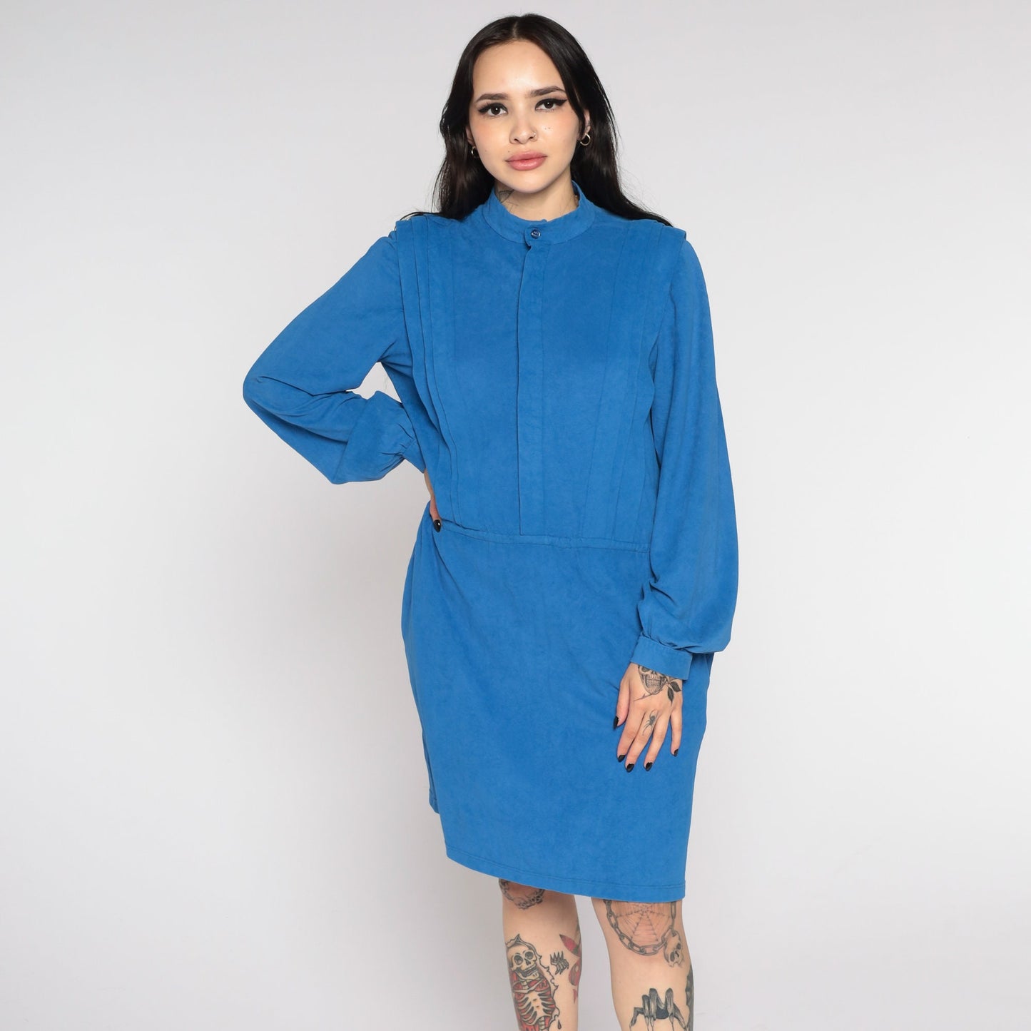 1970s Blue Faux Suede Mini Dress Long Sleeve Elastic Waist Medium Large