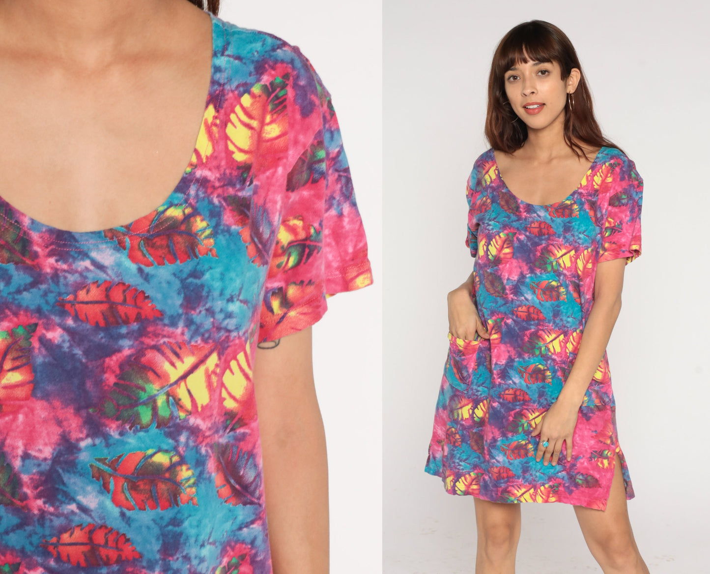 Y2K Tie Dye Leaf Print T-Shirt Dress Pink Blue Mini Short Sleeve Medium M