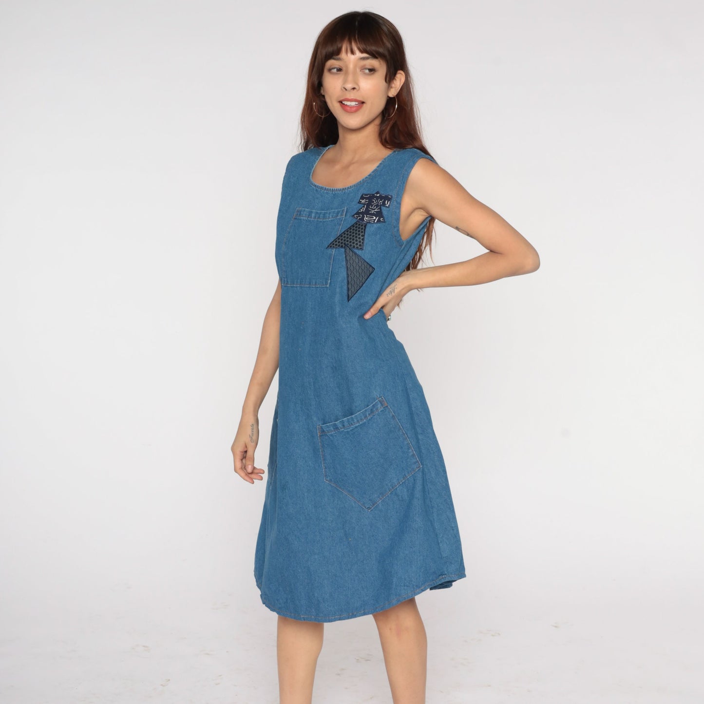 90s Blue Denim Midi Dress Asian Patch Sleeveless Flared Medium M