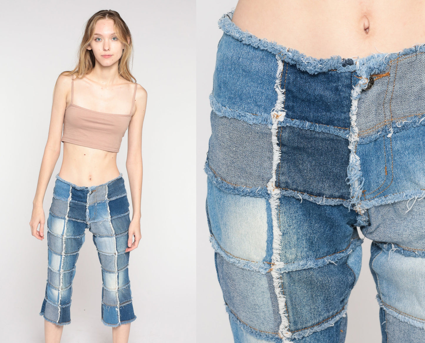 Y2K Patchwork Cropped Jeans Blue Low Rise Capri Denim Extra Small XS